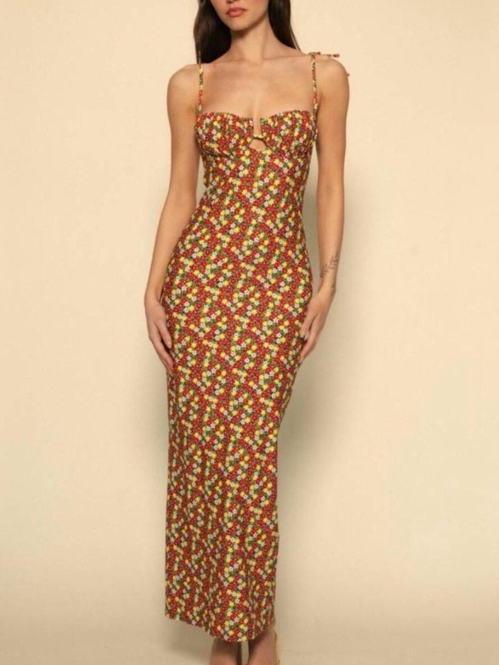 Montce Red Floral Sweetheart Maxi Dress with Yellow & Green Accents